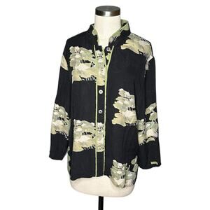 CITRON Santa Monica Black Silk Crane Water Lily Button Up Shirt Women's Size XL